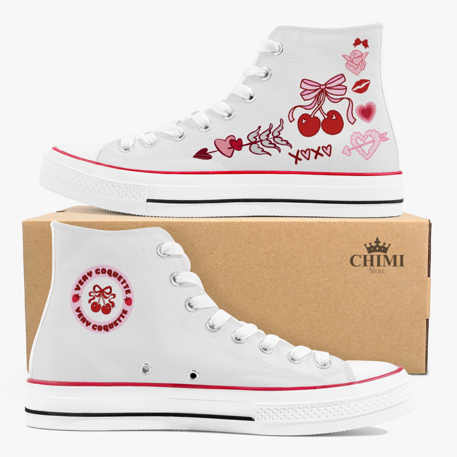Custom Very Coquette canvas sneakers, classic white high top sneakers