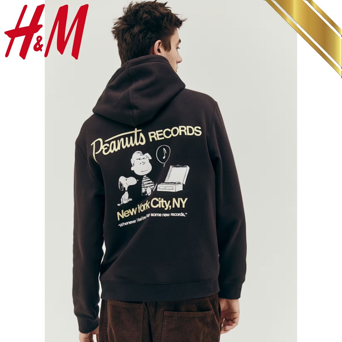 H&M Men's Regular Fit Hoodie Brown Printed Peanuts Records