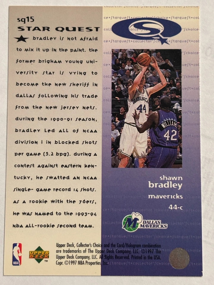 1997 Upper Deck CC #SQ15 Shawn Bradley Dallas Mavericks Star Quest - Image 2 of 2
