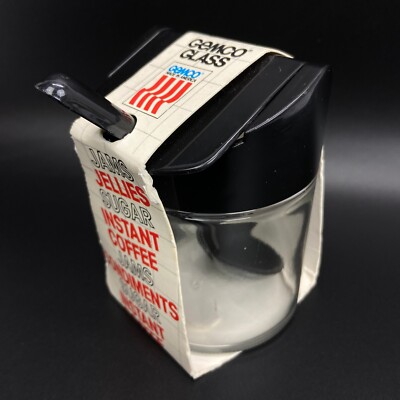 VTG NIP GEMCO CONDIMENT JAR W/SPOON JAM JELLY HONEY COFFEE BLACK LID  