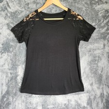 Womens Short Sleeve T-Shirt Round Neck Casual Top Lace Trim Blouse Small Black