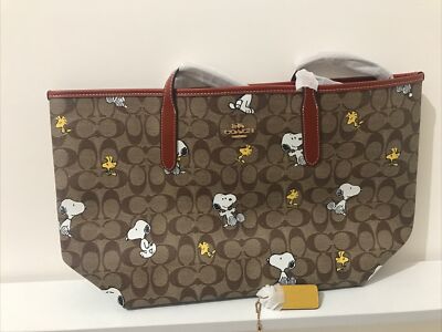 Coach X Peanuts CF166 Women's Tote Bag Snoopy Woodstock Gold/Khaki