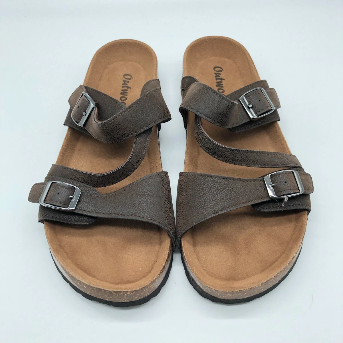 Outwoods Womens Sandals Slides Footbed Faux Leather Buckle Brown