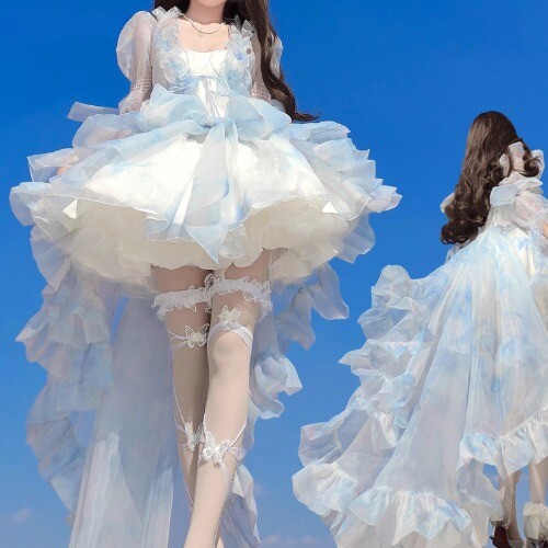 Women Evening Dress Set Smocked Shawl Lace Up Ruffled Puffy Underskirt Lolita - Picture 1 of 15