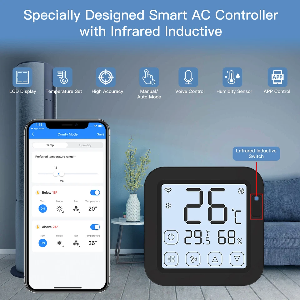 MOES WiFi IR Smart AC Remote Controller LCD Touch Thermostat Temp Humi Sensor - Bild 2 von 4