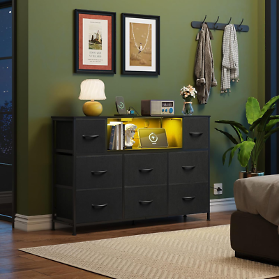 Black Fabric Dresser With Charging Station And LED Lights Black Fabric Dresser With Charging Station And LED Lights