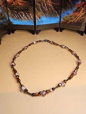 ANN PEDEN Signed Beaded Choker Necklace Pink Clear Glass & Bronze Tone FREE $HIP
