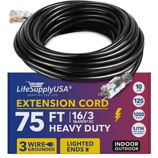 75ft Power Outdoor Extension Cord & Indoor - Waterproof Electric Drop Cord Cable