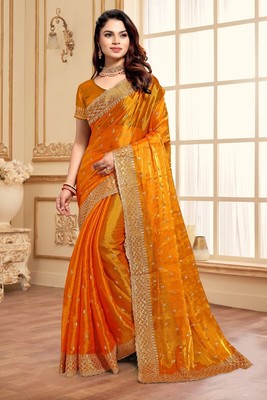 Designer Mustard Heavy Zari Sequence Embroidery Work Sari Silk Party Wear Saree