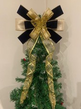 Navy Blue & Gold Tree Topper Bow~Handmade~Wired Ribbon~Butterfly~Stunning~Velvet