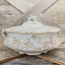 Antique Homer Laughlin Hudson, Covered Tureen Bowl Floral Filigree w/ Gold Trim