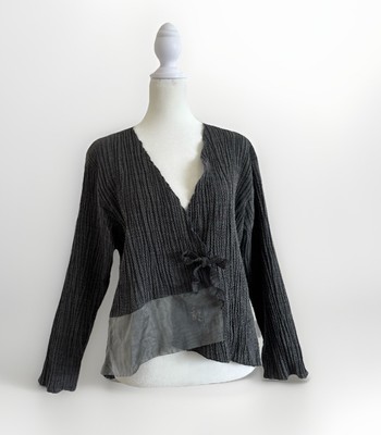 Xiaoyan Lin Micro-Pleated Tie-Front Top  V-Neck Asym Hem Sz M Gray Designer