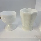 2 VINTAGE MILK GLASS FLOWER POT PLANTERS SCALLOPED TOP ART DECO MCM 6" & 5.5"