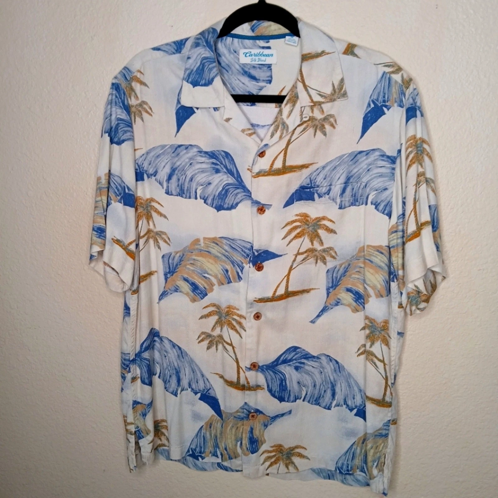 Caribbean Silk Blend Palm Print Short Sleeve Men's Shirt