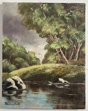 Vintage Original Small Oil Painting on Canvas Landscape Pond Garden Signed