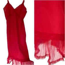 Vtg Full Slip Dress Crystal Pleat Cup Accordion Chiffon Heiress Coral Red S 32