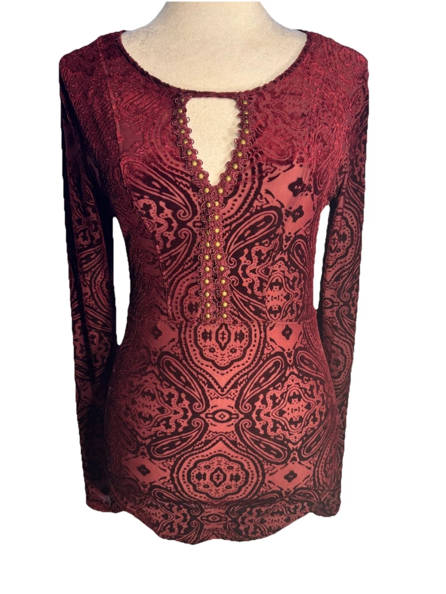 Top Free People Femme M – Rouge Paisley Perles Épaules Dénudées Boho Festival
