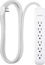 Philips 6 Outlet Surge Protector 6Ft Extension Cord Flat Plug Tangle Free White
