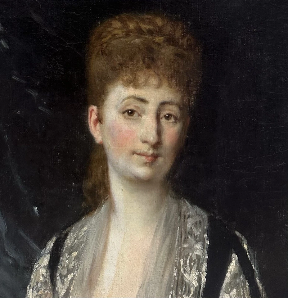 Tableau Ancien Signé « MANET » Portrait Femme Fleur Rose Édouard Peinture 19ème - Photo 3/4