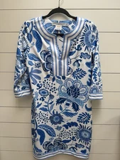 Gretchen Scott Floral Tunic Shift Dress In White/Blue Stretchy Size Medium