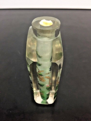Alte chinesische umgekehrte Glasmalerei Schnupftabakflasche grüner Steindeckel mit Signatur - Bild 8 von 11
