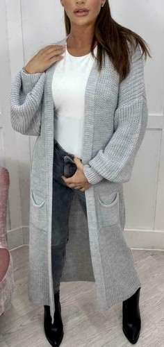 Women's Ladies Chunky Knitted Oversized Balloon Sleeve Long Jumper Maxi Cardigan - Picture 2 of 24