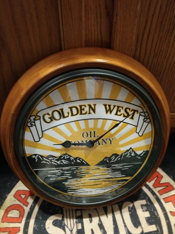 VINTAGE STYLE GOLDEN WEST OIL CO. WALL CLOCK.MANCAVE. CUSTOM MADE, GASOLINE/OIL