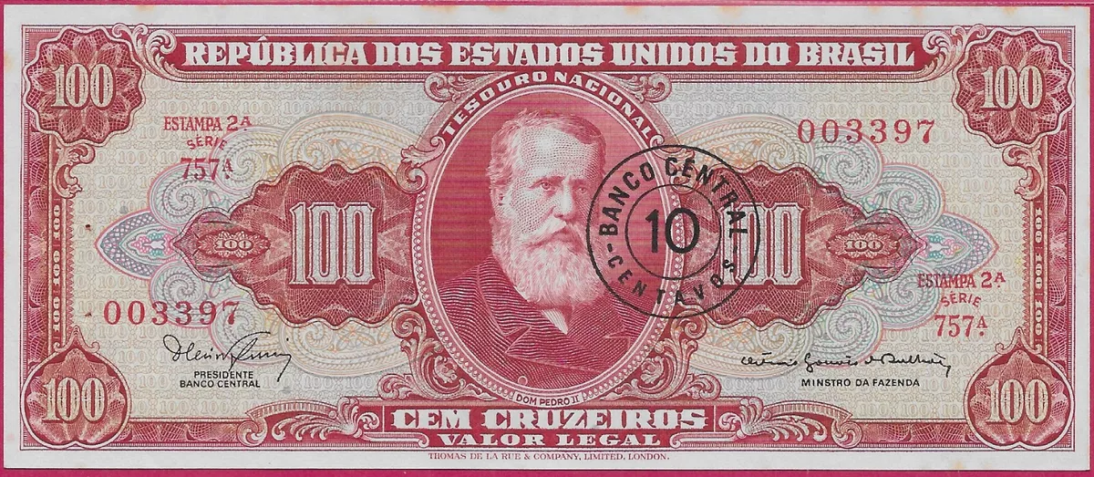 Banco Central Do Brasil 100 CEM Cruzeiros Note Over Stamp On 100 “CEM  CRUZEIROS”