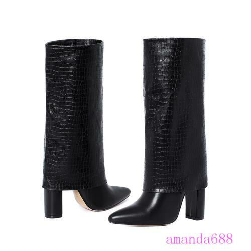 Ladies Fold-over Mid-calf Pull on Boots Block High Heels Party Boots Dress Shoes - Foto 6 di 14