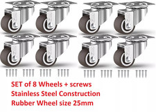 8 X Furniture Castor Heavy Duty Rubber Wheels 25mm 40KG Caster Stainless Steel