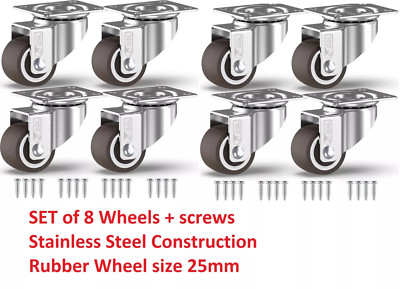8 x Möbelrolle Schwerlast Gummiräder 25 mm 40 kg Rolle Edelstahl