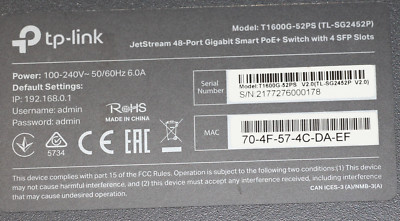 TP-LINK Jetstream 48 Port Gigabit Smart Poe Switch 4 SFP Slots T1600g-52ps