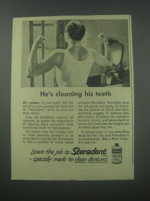 1954 Steradent Denture Cleaner Ad - He's cleaning his teeth