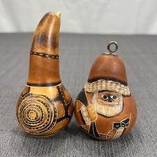Beautiful Vintage Peruvian Etched Gourds Maraca Shaker Music Santa Hanging Decor