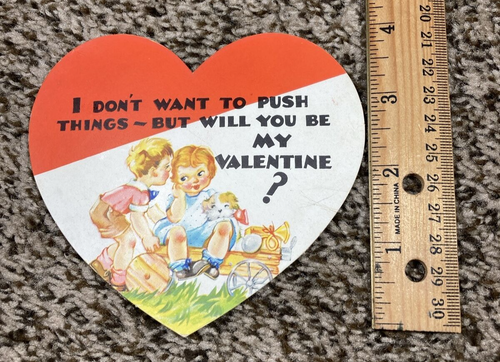 Vintage Valentines Day Card Boy Girl Dog on Cart Don't Want to Push Things - Picture 2 of 3
