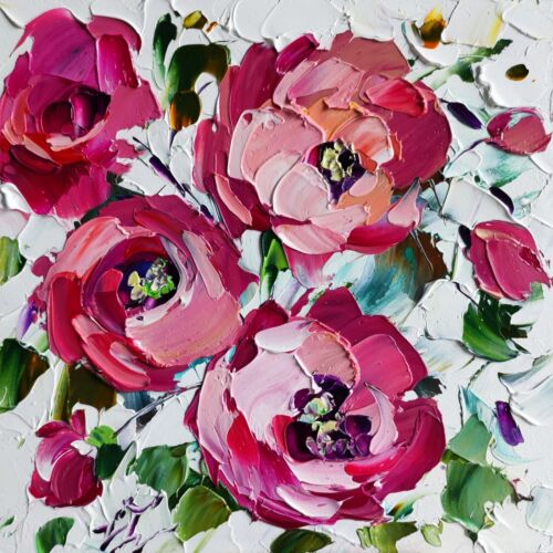 peinture à l'huile originale rose pivoine abstraite fleur rose œuvre d'art pâte florale art - Photo 1 sur 11