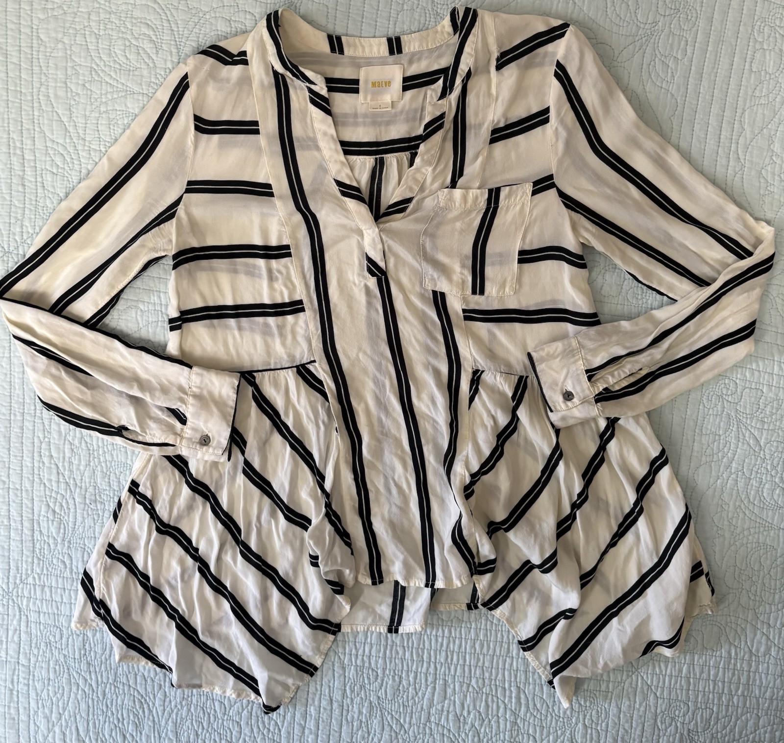 Maeve Anthropologie Striped Sharkbite Hem Top Womens 6 Ivory Black Office Career