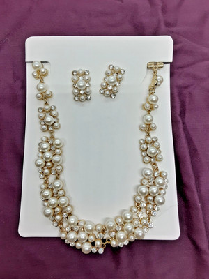 Rhinestone Pearl Rectangular Earrings Necklace Set Wedding Fashion Jewelry