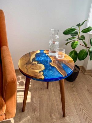 12'' Epoxy Resin River Coffee Table Live Edge Olive Wood Round Side Table