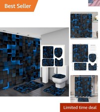 4Pcs Blue Shower Curtain Set 3D Cubes Bathroom Sets Modern Shower Curtain Set...