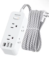 Beshon Power Strip Surge Protector 5' Extension Cord w 6 Outlets 3 USB Ports