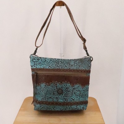 Myra Bag Western Crossbody Bag Womens Teal Brown Tooled Leather Boho Southwest