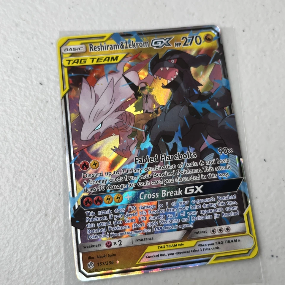 Tag team Reshiram & Zekrom GX 157/236 Sm-Cosmic Eclipse Holo Ft. N pokemon tcg - Image 2 of 4
