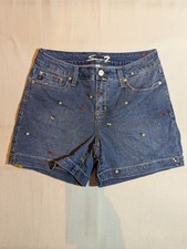 Seven7 Shorts Women's 8 Weekend Mid Rise Floral Embroidered Pockets Denim Blue