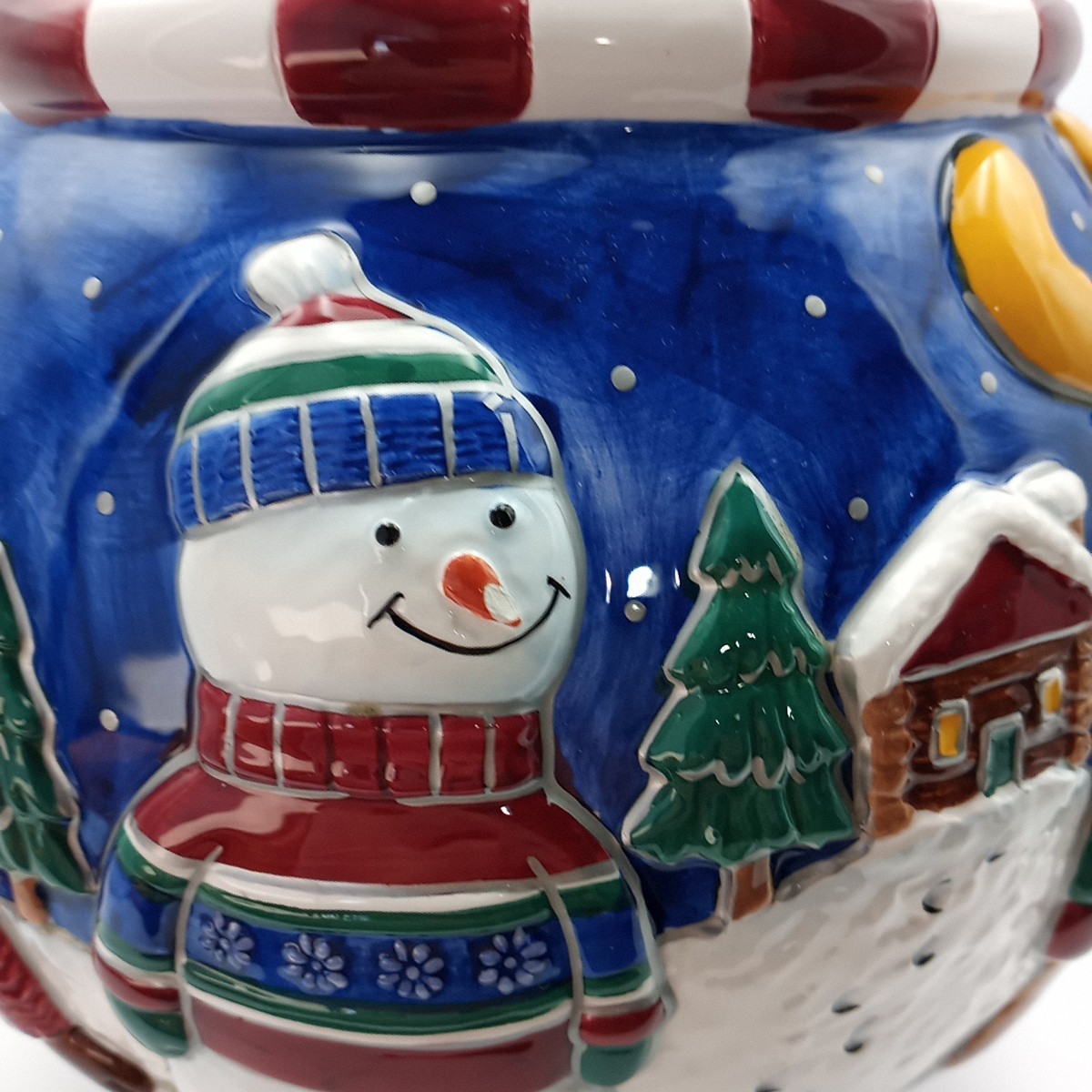 St. Nicholas Square Winter Friends Cookie Jar, Snowman, cabin, moose, 10 1/2" T