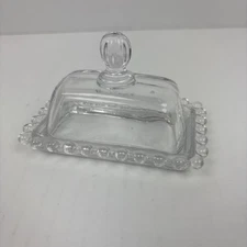 Vintage Mini Butter Dish Keeper Clear Glass Dotted Trim Elegant Tableware Retro
