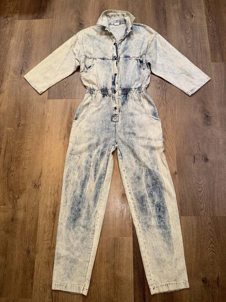 Винтажный 80-х джинсовой ткани комбинезон цельный костюм кислоты стирка панк новая волна рок женщин маленький - Изображение 2 из 4