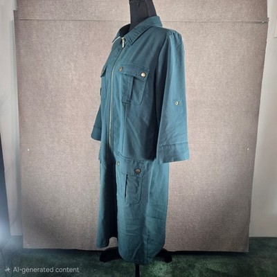 Sharagano Women 14 Green Utility Zip Front Roll Tab Sleeve Midi Shirt Dress