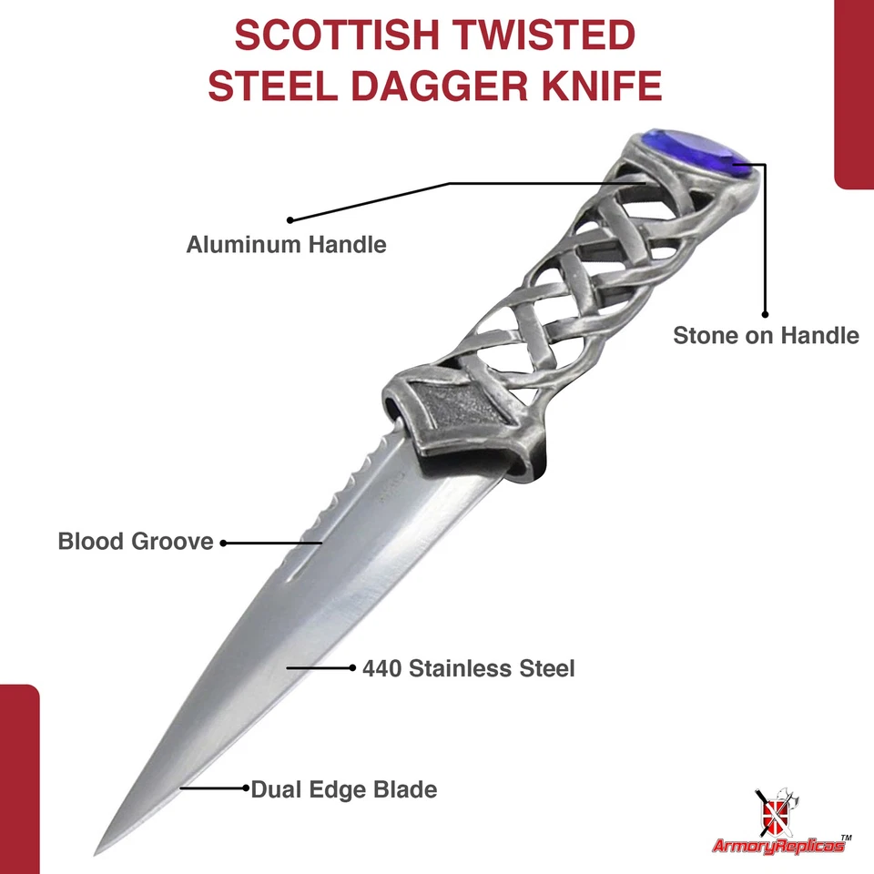 Scottish Celtic Twisted Steel Traditional Medieval Stone Sgain Dubh Dagger Knife - Image 4 of 4