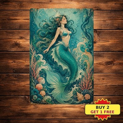 Enchanting Mermaid Underwater Coral Reef Marine Life Scene Retro Metal Sign 8x12